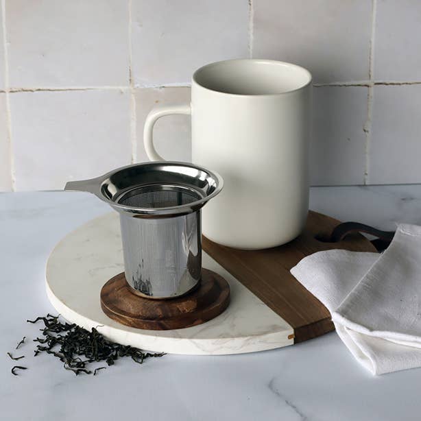 WHITE JULIET STONEWARE POT WITH ACACIA LID