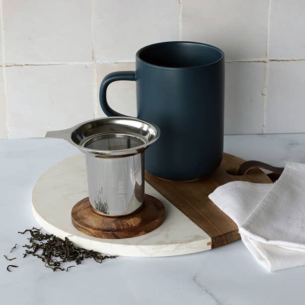 BLUE JULIET STONEWARE POT WITH ACACIA LID
