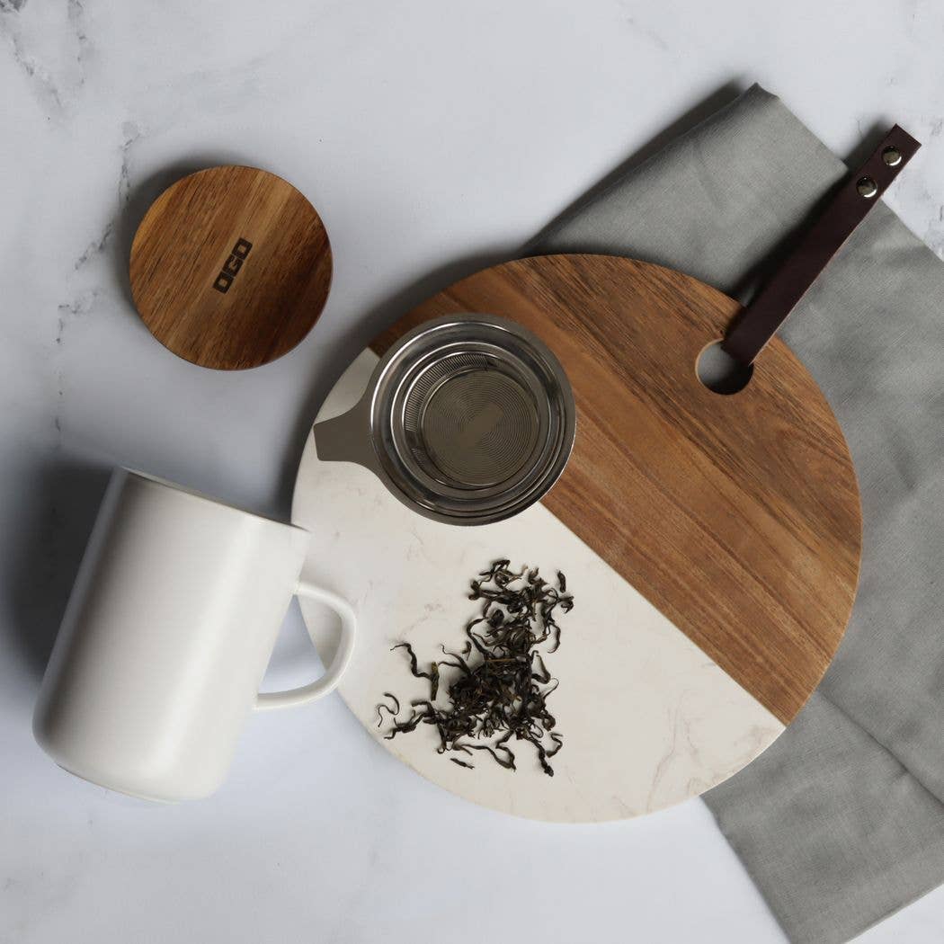 WHITE JULIET STONEWARE POT WITH ACACIA LID