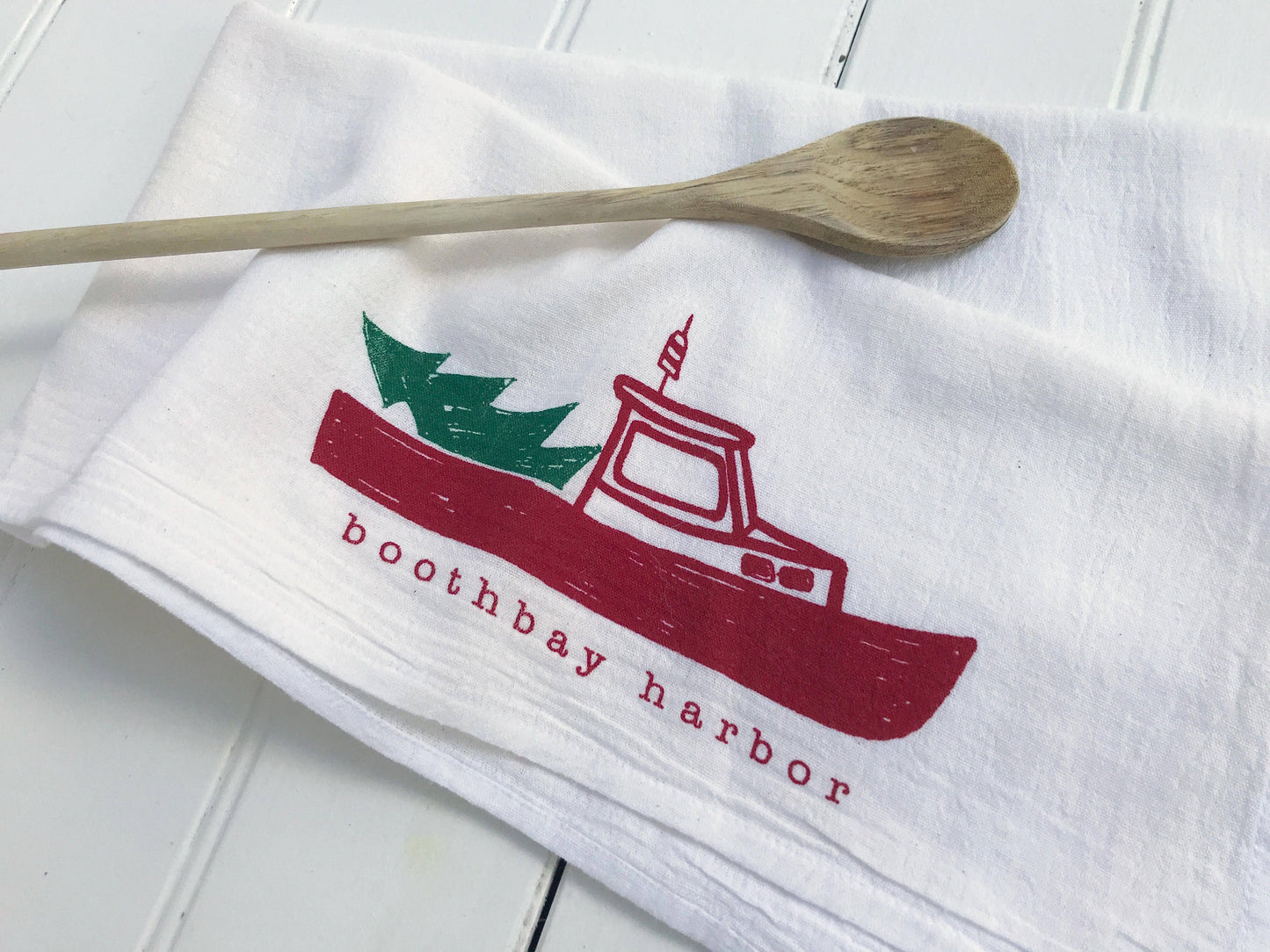 Personalized Christmas Lobster Boat Tea Towel
