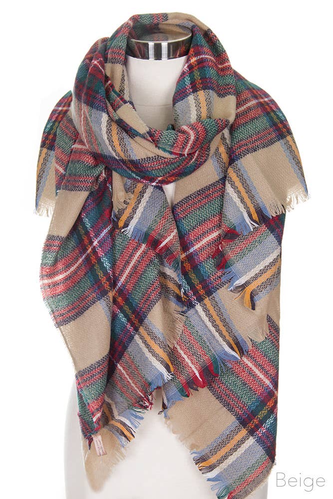 Oversize Plaid Blanket Scarf: Beige