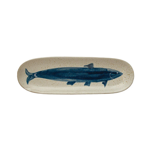 Hand-Painted Stoneware Platter w/ Fish, Reactive Glaze, Antique White & Blue (Each One Will Vary)